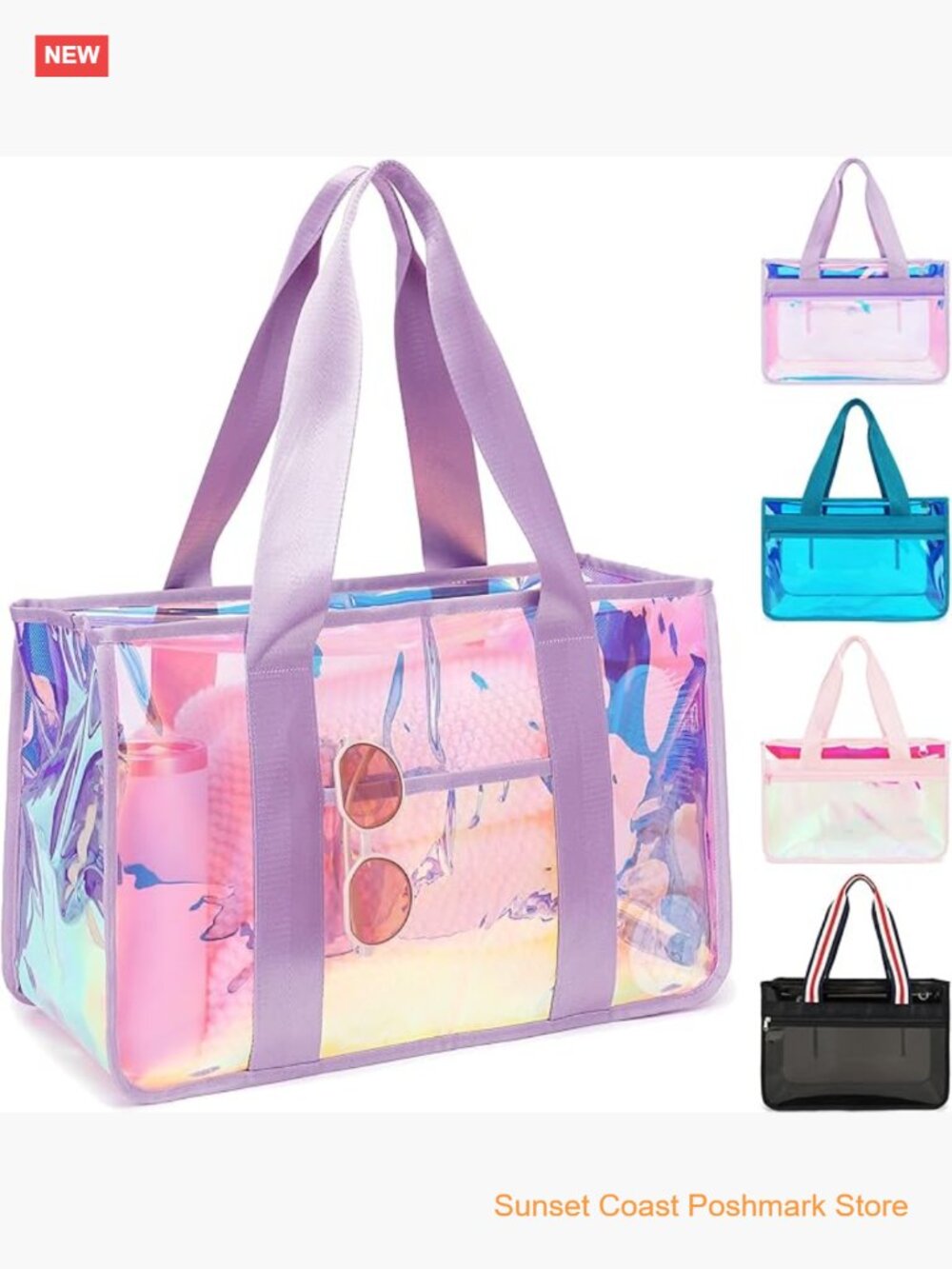 Large Iridescent Clear Tote Waterproof Sandproof Beach Bag Zip Top TPU